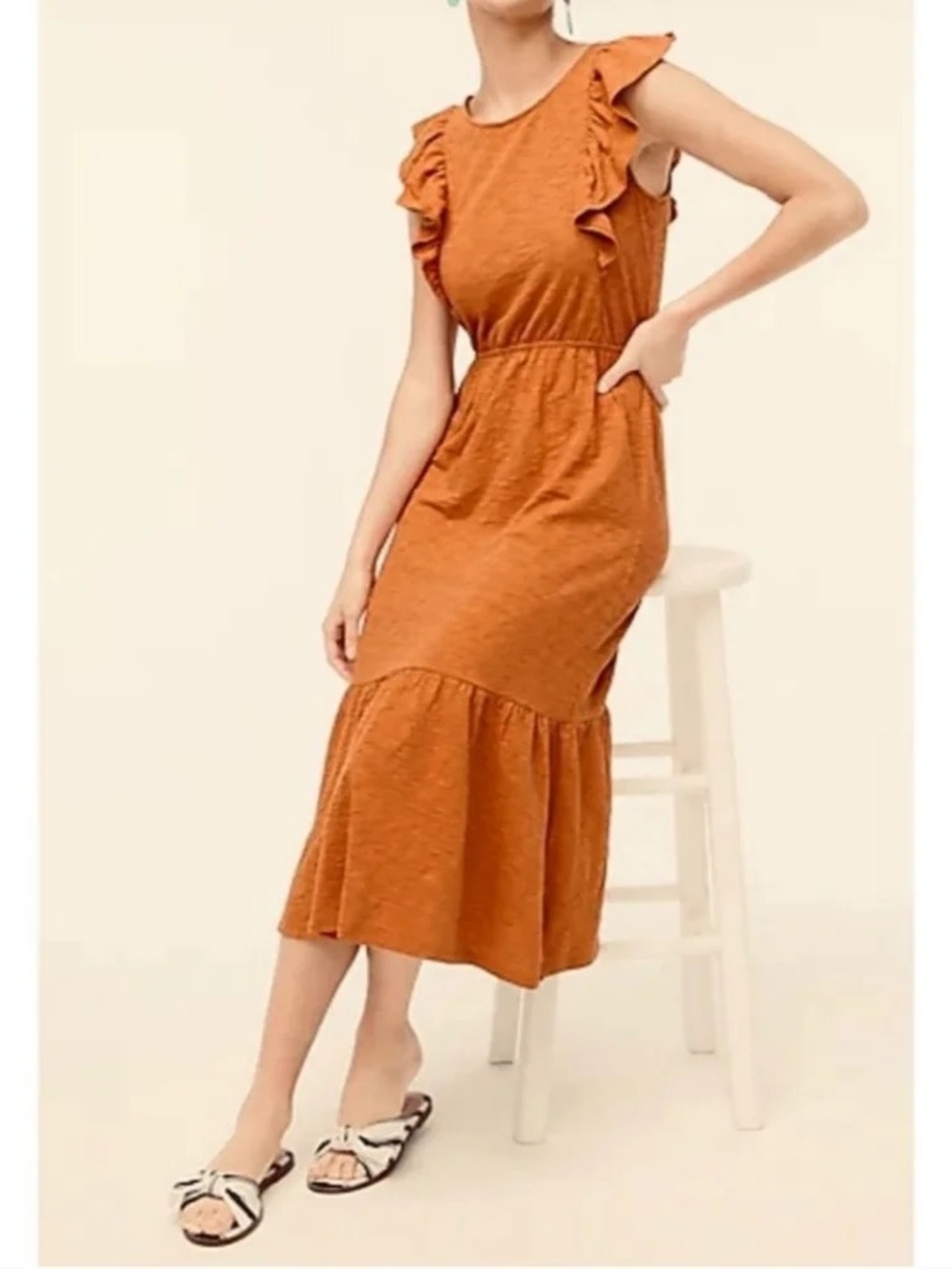 J. Crew Rust Orange Tiered Midi Dress Ruffle Hem Flutter Sleeve Fall Autumn
